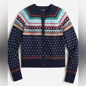 J.Crew Fair Isle Cardigan Wool Blend Sweater Button Down Sweater Blue Cherry